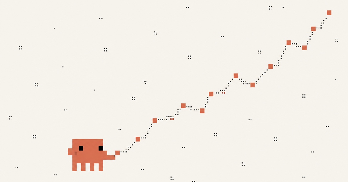 A small orange pixel creature on a cream background touches the first point of a rising dot-matrix stock chart