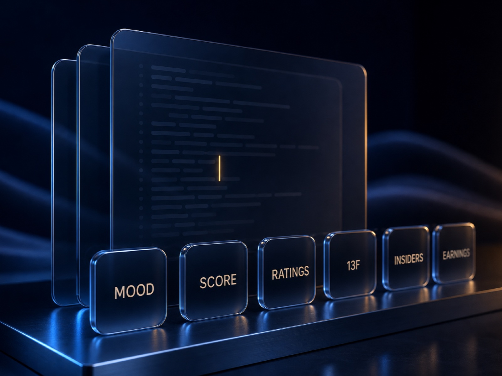 Three dark glass editor panels with a gold cursor on a line of code, in front of them six glass tiles labelled Mood, Score, Ratings, 13F, Insiders and Earnings