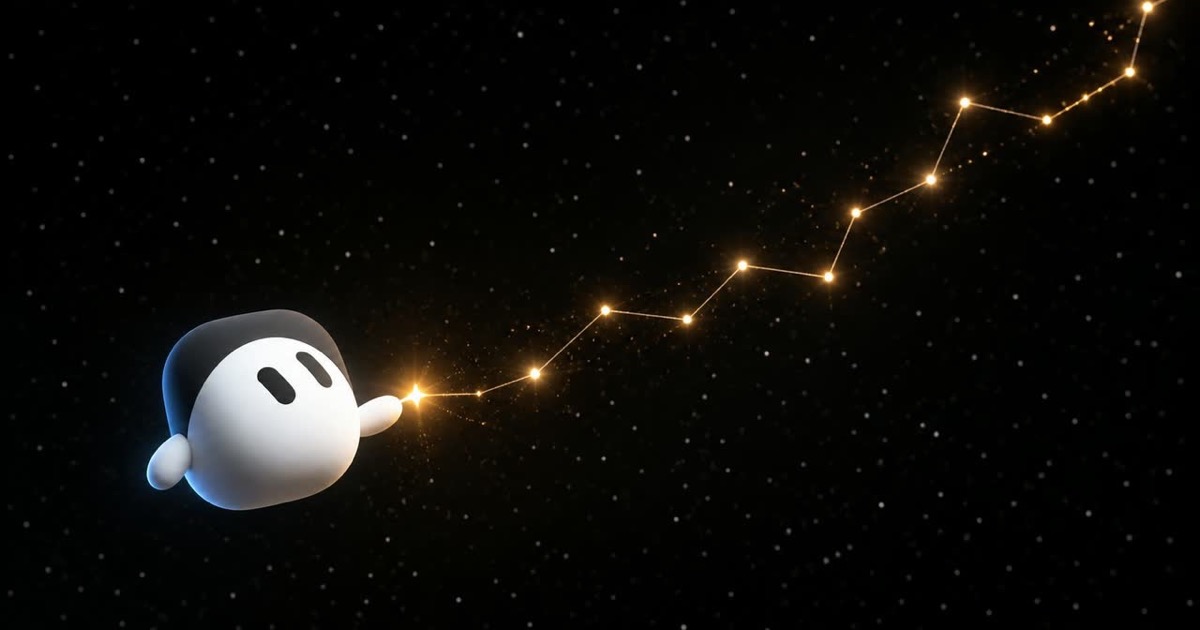 The Grok Bot ghost mascot touching one dot in a dark starfield, lighting up a golden rising path of connected dots
