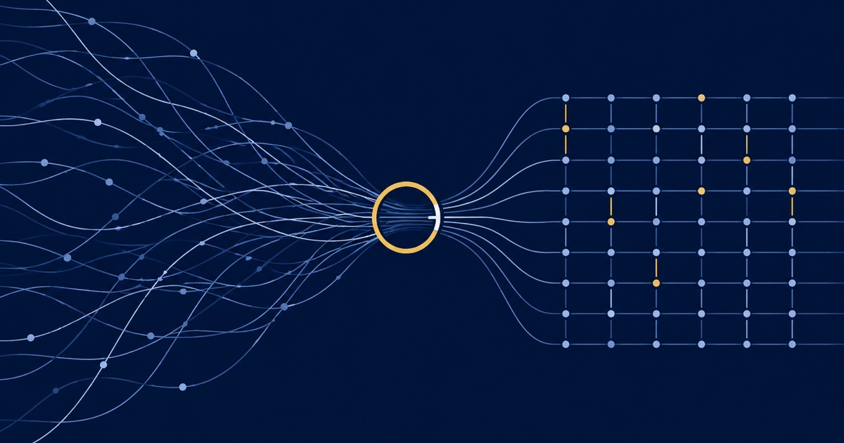 Scattered data streams converging through a single gold connector ring into an ordered grid