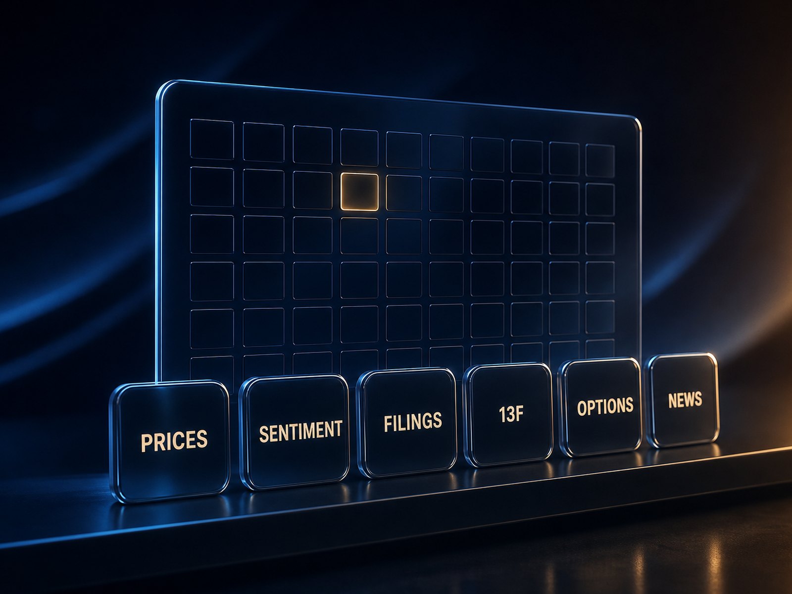 A dark glass panel set with a grid of cells, one glowing gold, above six glass tiles labelled PRICES, SENTIMENT, FILINGS, 13F, OPTIONS and NEWS
