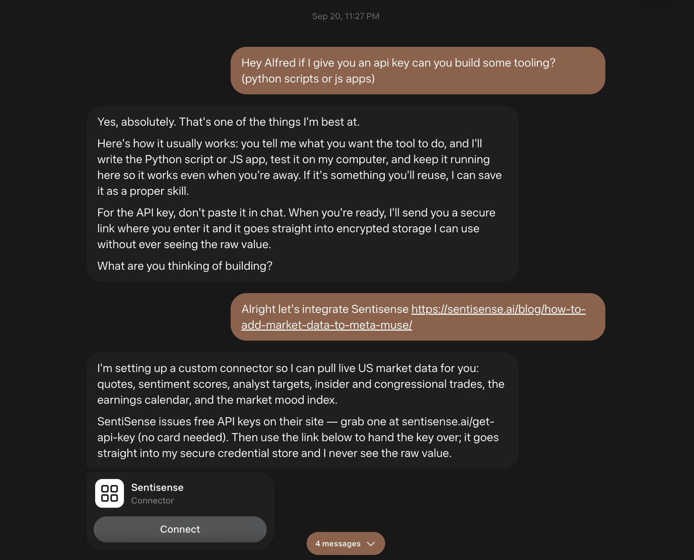 Muse setting up the SentiSense connector: it lists what it can pull, points to the free key, and offers a secure link so the key goes into its credential store.