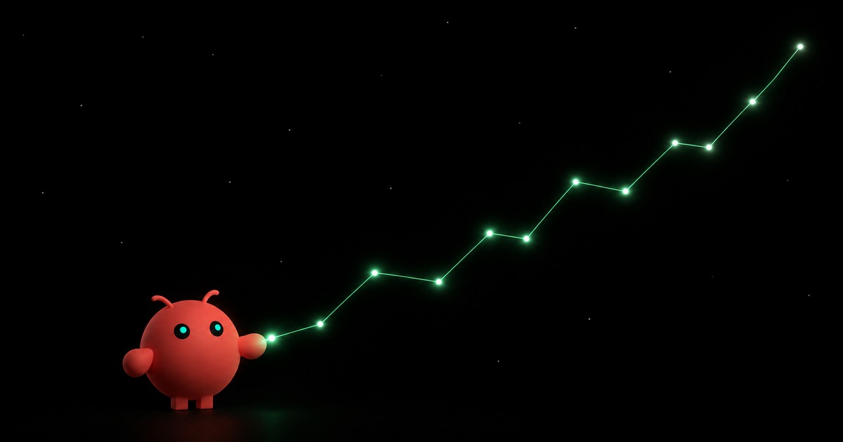 The round red OpenClaw mascot on a black background reaches out to touch the first point of a rising, softly glowing stock chart