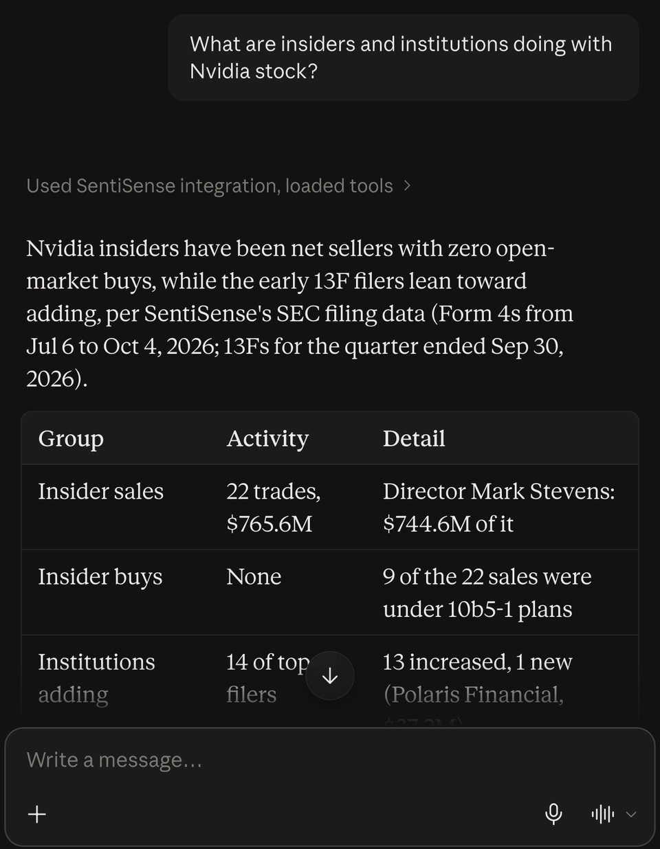 Screen recording of Claude with the SentiSense connector: the question "What are insiders and institutions doing with Nvidia stock?" is typed into the input box, Claude calls the SentiSense smart money tool, and the answer arrives as a table of insider sales and early 13F filers.
