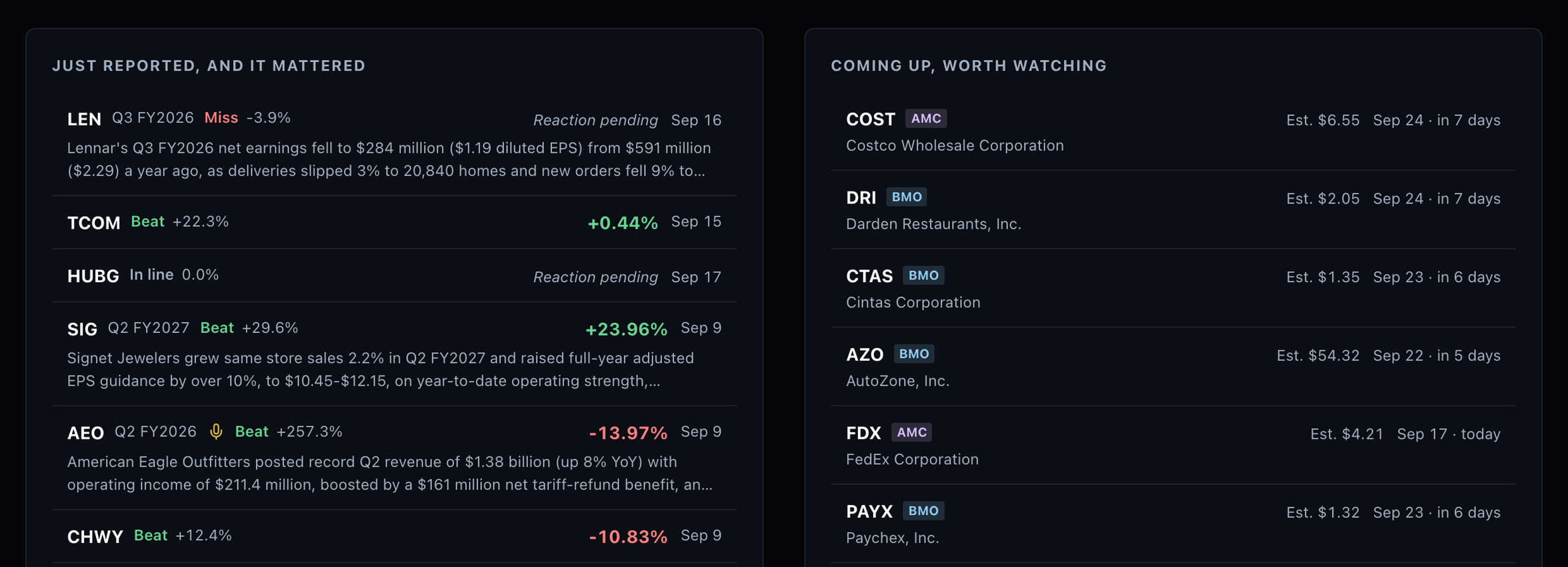 The SentiSense earnings board: recent reports with the beat or miss against consensus beside the move the stock made after the print, and the upcoming reports worth watching with their consensus estimates