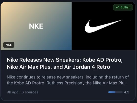 One story card enlarged: a bullish Nike cluster headlined Nike Releases New Sneakers, with its summary, 6 sources and an impact score of 4.9